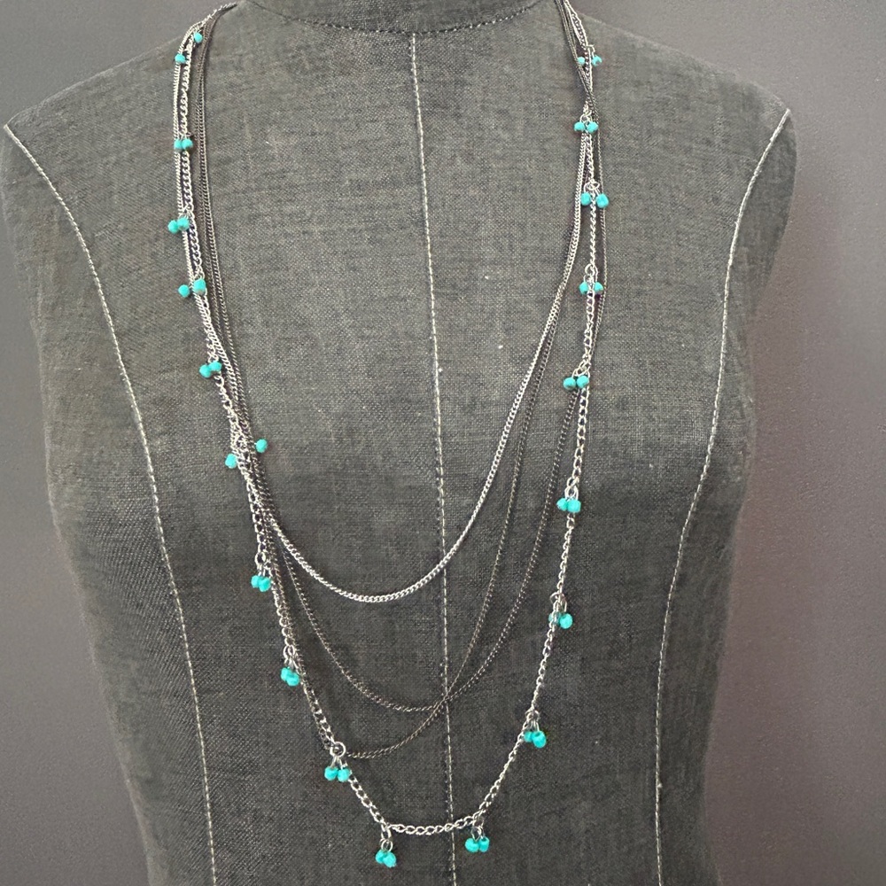 Layered Silver Necklace with Turquoise Beads